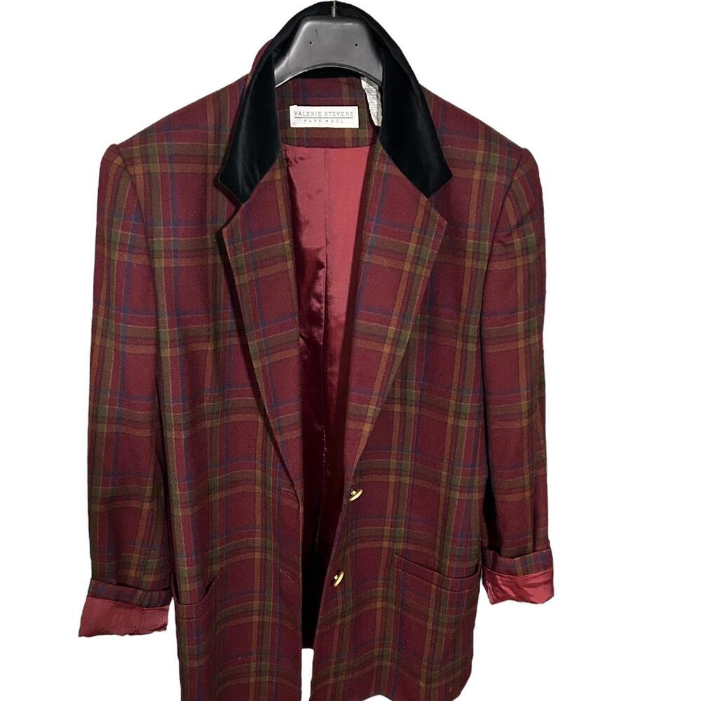 VALERIE STEVENS Womens (14) Pure Wool Burgundy Plaid Blazer Jacket - Lined - Picture 4 of 9